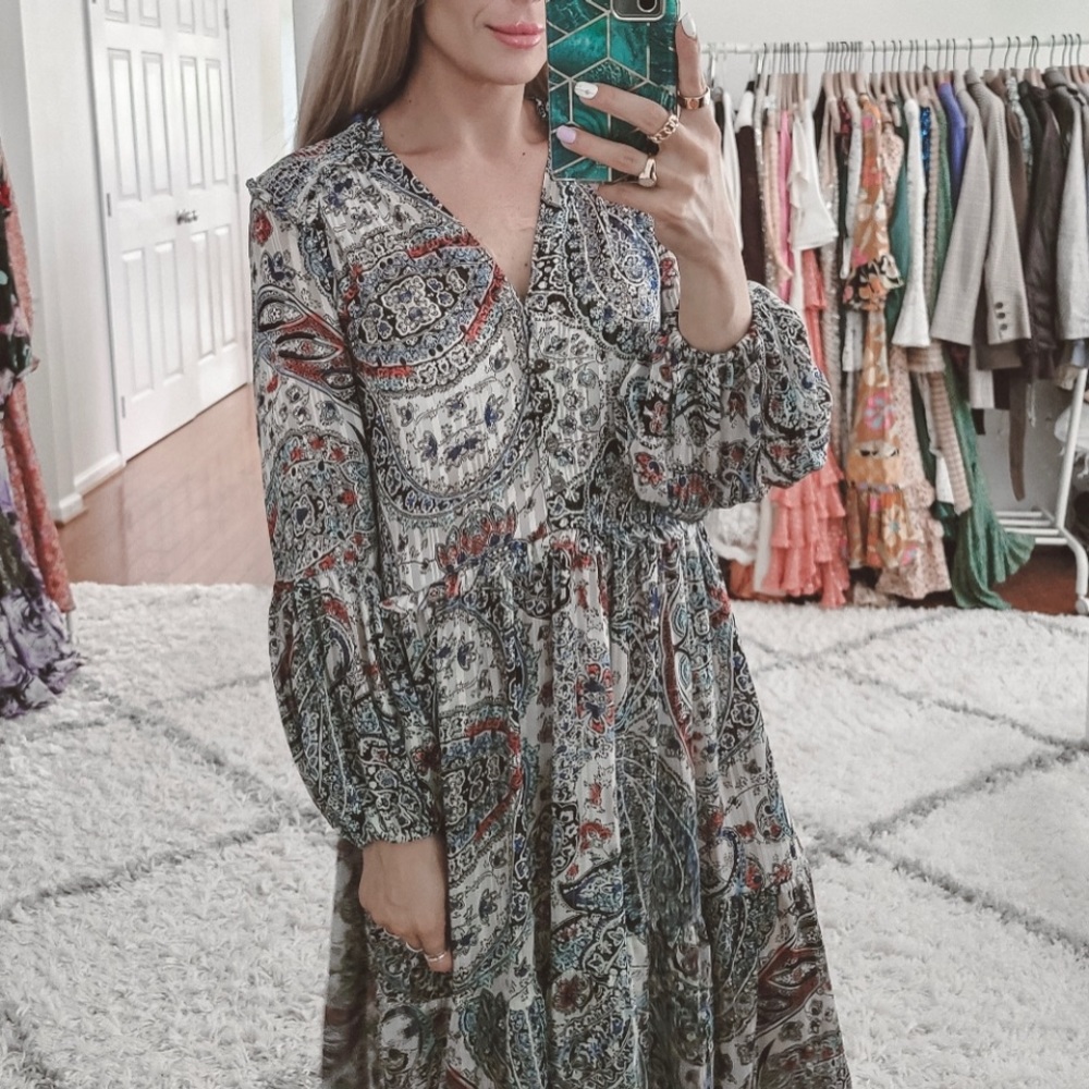 Zara gray shimmery paisley printed midi loose fit dress XS FINAL PRICE
